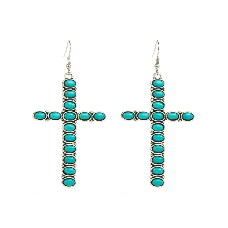 Wholesale bohemian Retro ethnic earrings alloy inlaid turquoise cross earrings